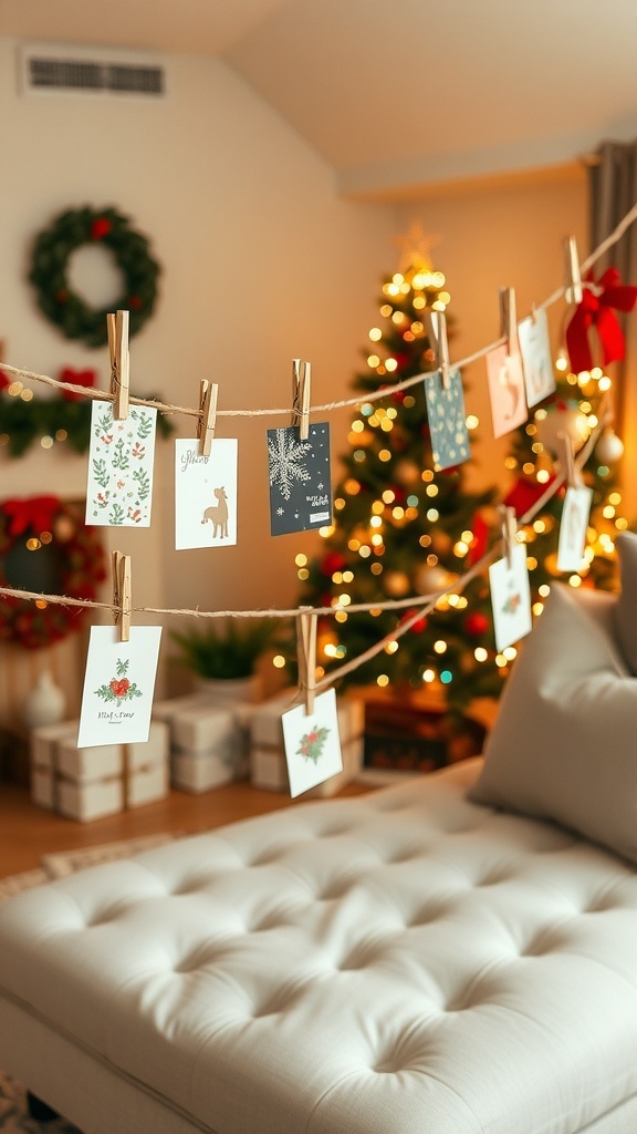 Creative Christmas Card Display Ideas A festive display of Christmas cards hanging on twine in a decorated living room.